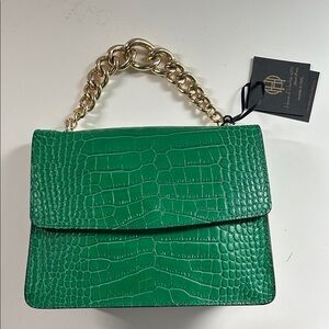 House of Harlow Green Croc-Embossed Top Handle Bag with Chunky Gold Chain